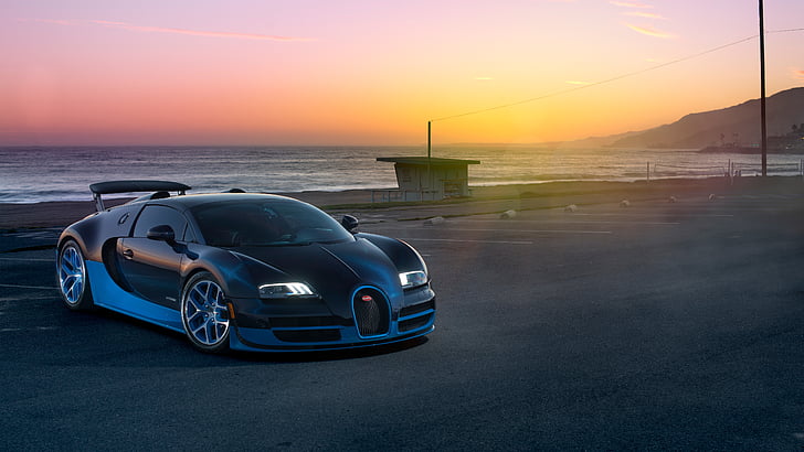 Hd Wallpaper Stock Photography Of Black And Blue Bugatti Veyron Near Body Of Water During Orange Sunset Wallpaper Flare