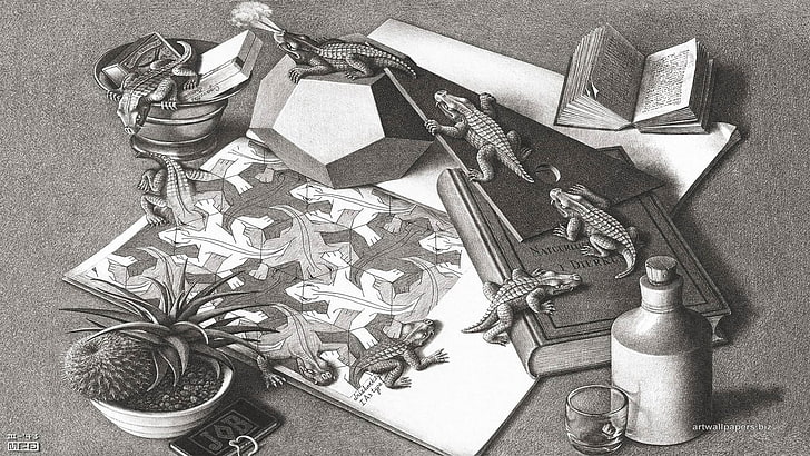 artwork, optical illusion, drawing, M. C. Escher, monochrome
