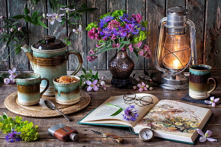 flowers, style, lamp, coffee, bouquet, glasses, mug, book, still life