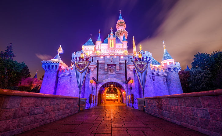 Sleeping Beauty Castle, Disneyland, purple and pink castle, Architecture