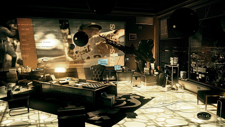 tufted black leather padded chair, Deus Ex: Human Revolution, HD wallpaper