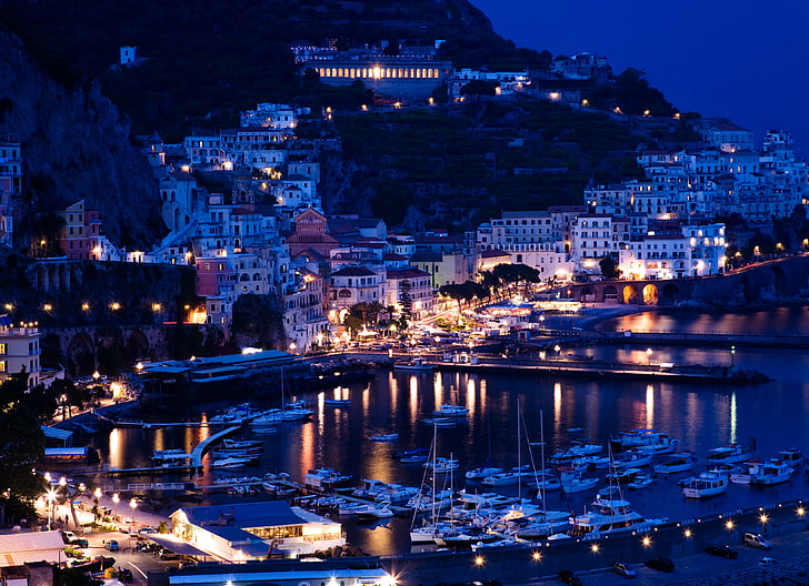 Santorini, Greece, sea, mountains, night, lights, rocks, coast, HD wallpaper