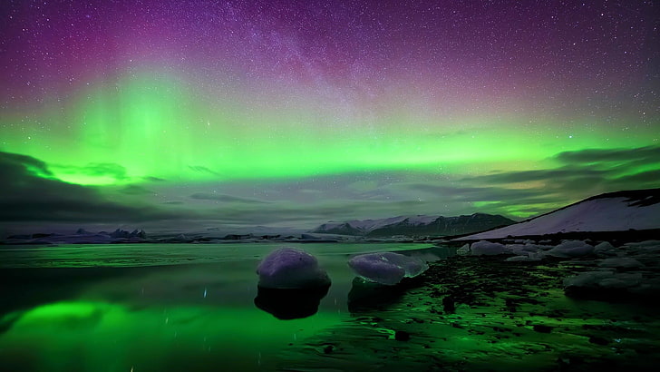 green northern lights, aurorae, sky, nature, lake, Norway, winter