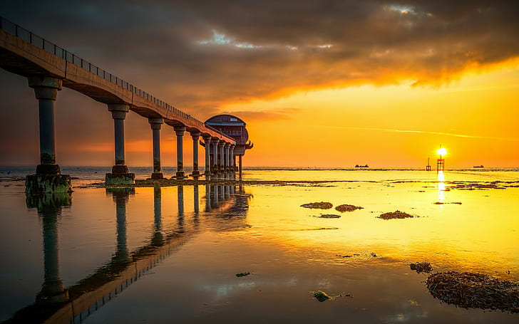 water, beach, pier, sea, sunset, orange sky, HD wallpaper