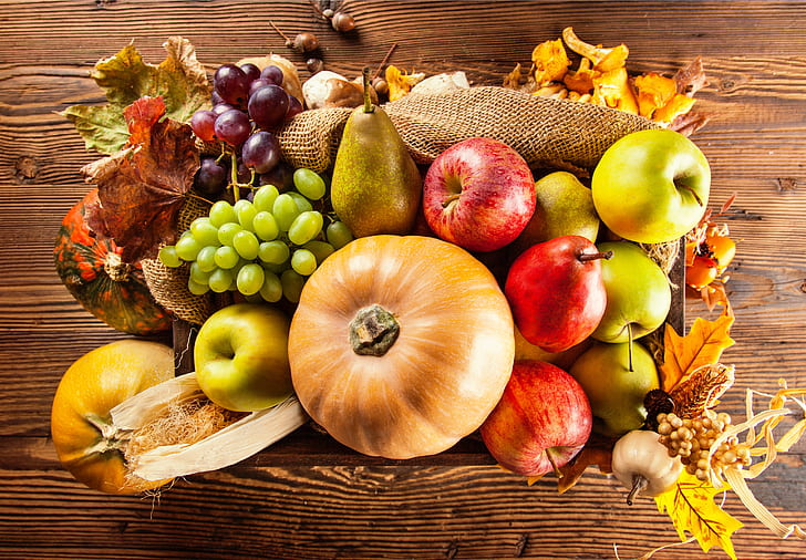 autumn, apples, harvest, grapes, pumpkin, fruit, vegetables, HD wallpaper