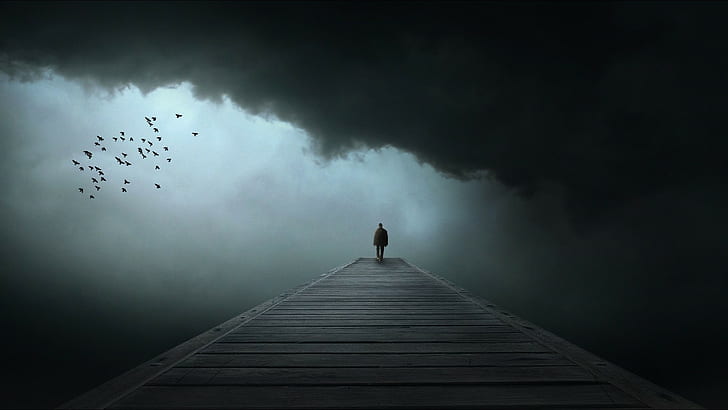 dark alone loneliness sad birds clouds, sky, pier, silhouette, HD wallpaper