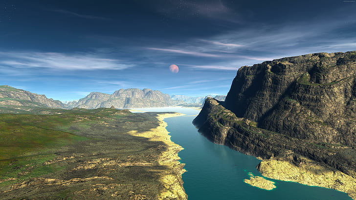 fantasy landscape, river, moon, cliff, 8k uhd, fjord, rock