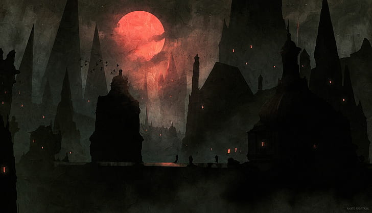 artwork, fantasy art, Anato Finnstark, Bloodborne, Blood moon