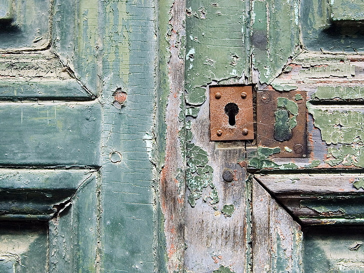 green wooden door, keyhole, rust, paint, old, rusty, wood - Material