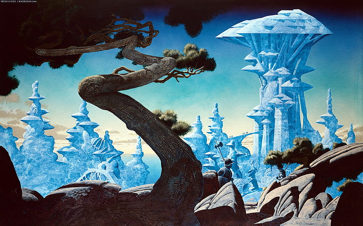 roger dean knight digital art fantasy art nature trees branch rock castle, HD wallpaper