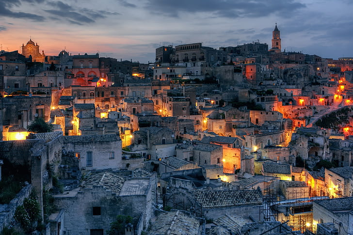 night, dark, cityscape, lights, Italy, Matera, HD wallpaper