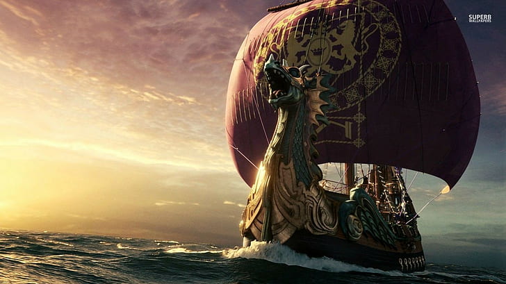 Vikings, drakkar, sea, sky, water, sunset, horizon over water
