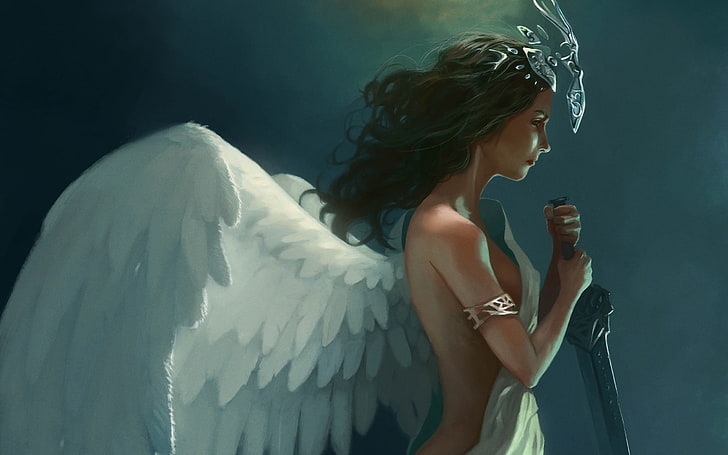 sword, wings, women, artwork, angel, angel wings, one person, HD wallpaper