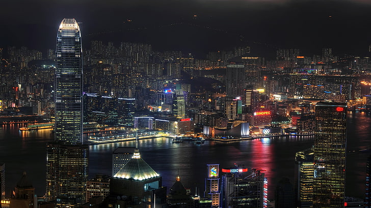 aerial view of buildings, Hong Kong, Victoria Harbour, night