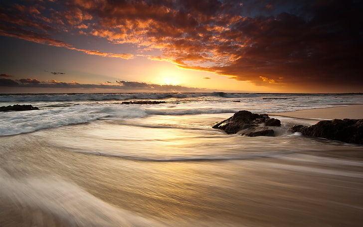 coast, sea, water, sunset, sky, beauty in nature, beach, motion, HD wallpaper