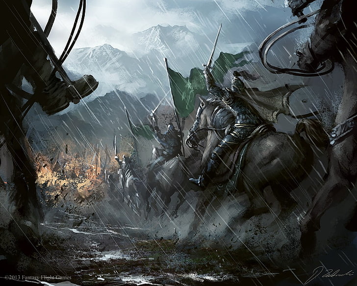 knights riding on horse towards battlefield digital wallpaper