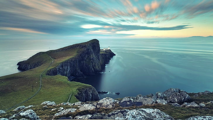 nature, landscape, coast, cliff, long exposure, sea, lighthouse, HD wallpaper