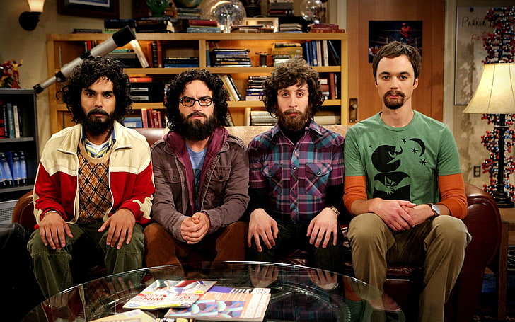 four men's assorted-color jackets, The Big Bang Theory, beards, HD wallpaper