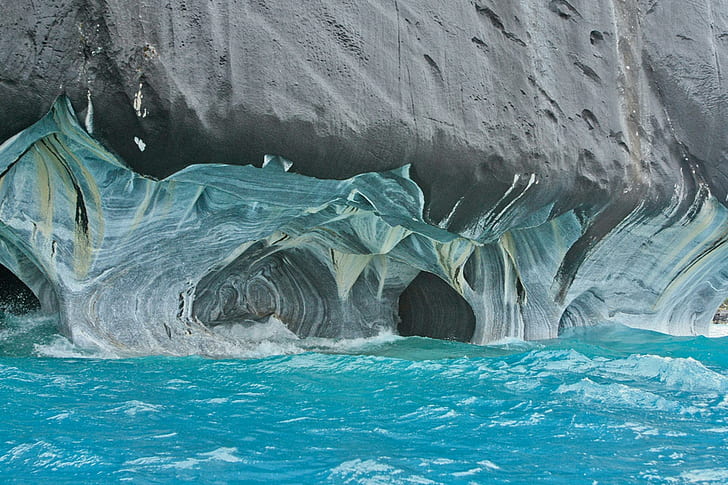marble caves chile chico, chile, caves, water, ocean and rock formation, HD wallpaper
