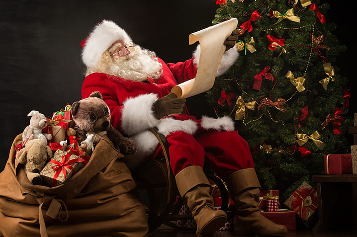 decoration, tree, New Year, Christmas, gifts, Santa Claus, happy, HD wallpaper