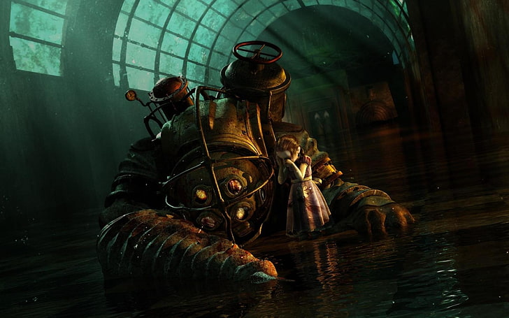 brown monster artwork, video games, BioShock, indoors, reflection, HD wallpaper