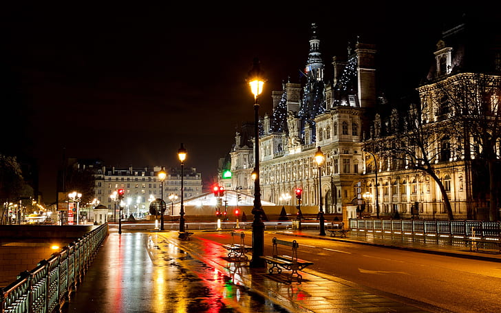 Paris, France, hotel, city, street, night, road, lights, HD wallpaper