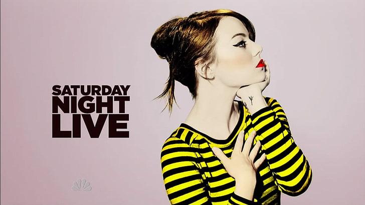 Emma Stone, celebrity, SNL, striped, text, indoors, young adult
