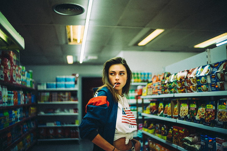 women's blue jacket, stores, chips, belly, lollipop, shopping