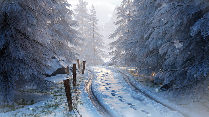 railway covered with snow wallpaper, winter, road, trees, cold temperature