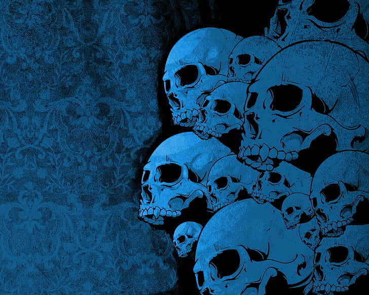 Fantasy, Skull, Skeletons, Scary, Flowers, Blue