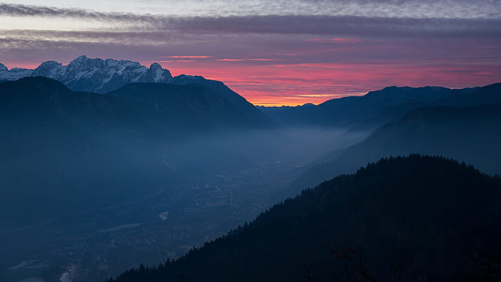 high mountain, calm, clouds, dawn, dusk, forest, mist, mountains, HD wallpaper