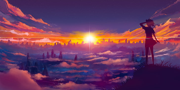 anime character standing on hill during sunrise digital wallpaper
