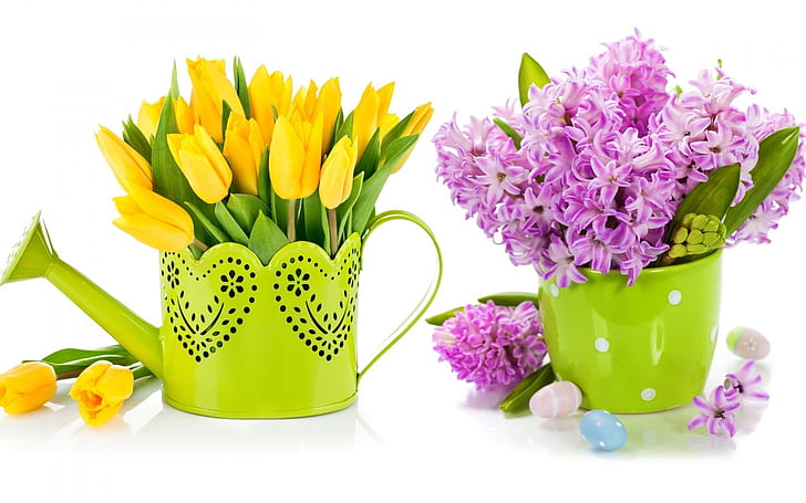 Purple Lilac and Yellow Tulips, spring, bouquet, HD wallpaper