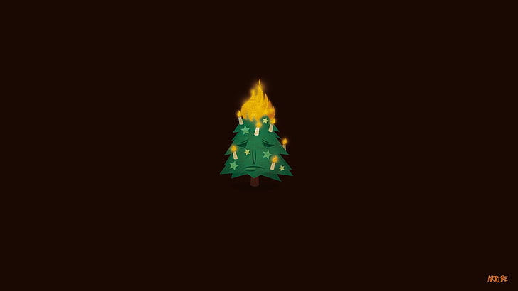 burning christmas tree illustration, minimalism, fire, copy space