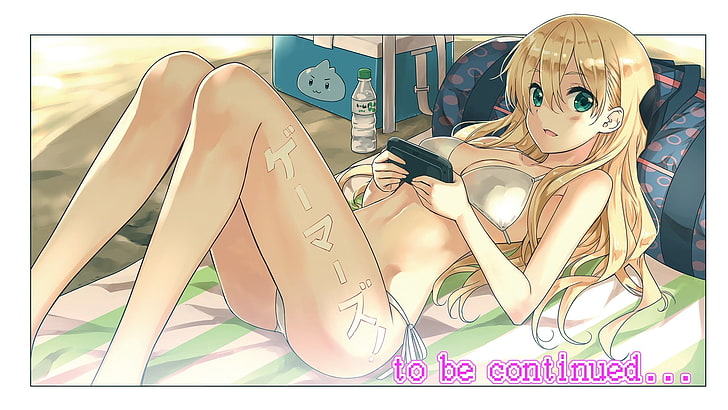 bikini, blonde, gameconsole, blue eyes, anime, Karen Tendou, HD wallpaper