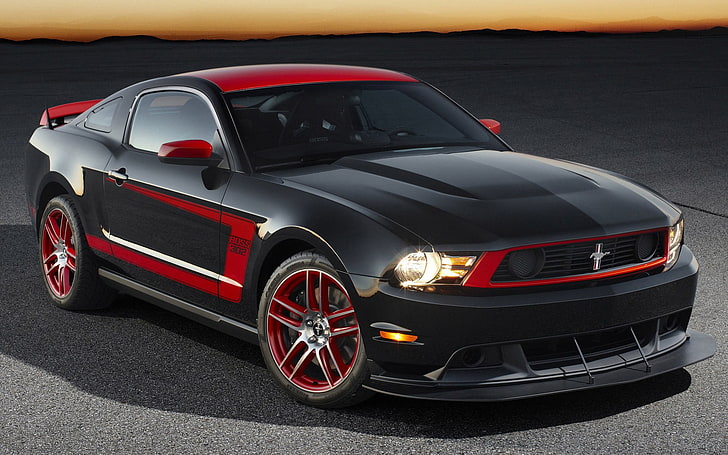 black and red Ford Mustang coupe, boss 302, muscle cars, mode of transportation, HD wallpaper