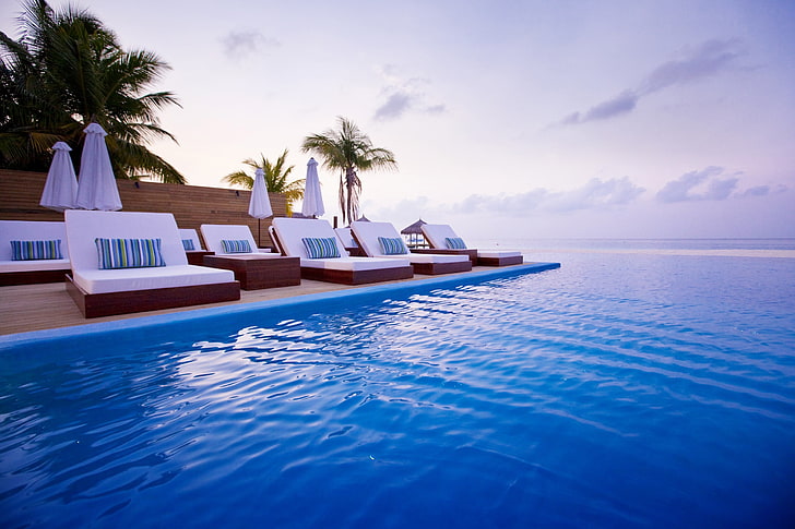 white mattress, maldives, tropics, ocean, sea, vacations, palm Tree, HD wallpaper