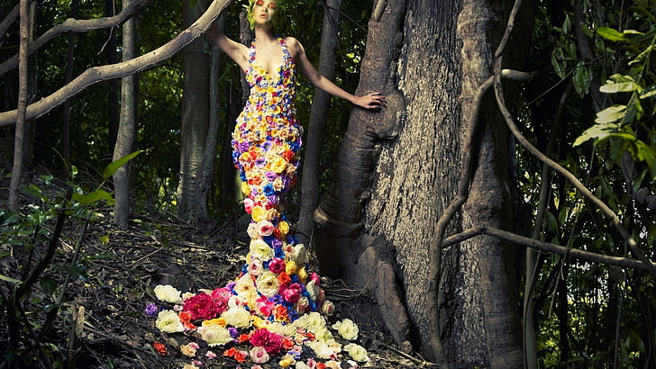 creativity, women, flowers, women outdoors, tree, plant, tree trunk, HD wallpaper