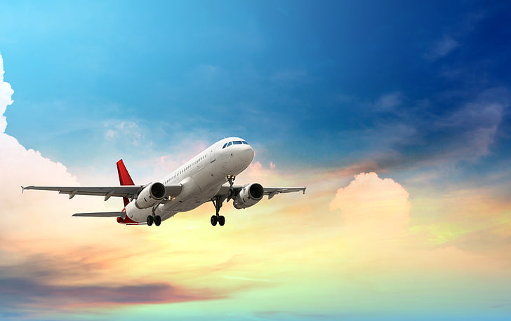 white and red airplane, the sky, clouds, the plane, height, flies, HD wallpaper