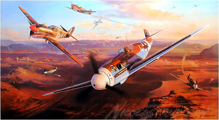 planes at the sky over mountains illustration, Messerschmitt