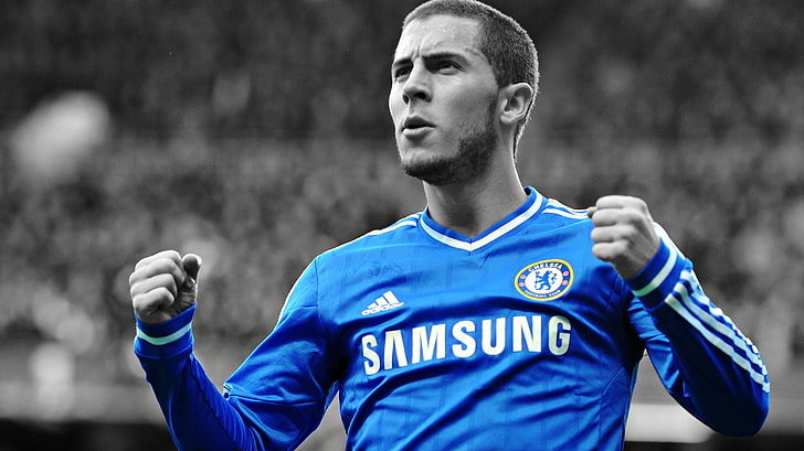 men's blue long-sleeved jersey shirt, Eden Hazard, Chelsea FC