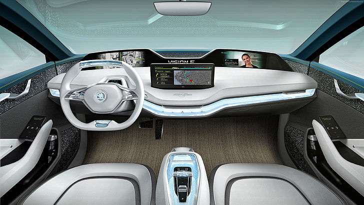 4k, Skoda Vision X, electric car, interior, vehicle interior