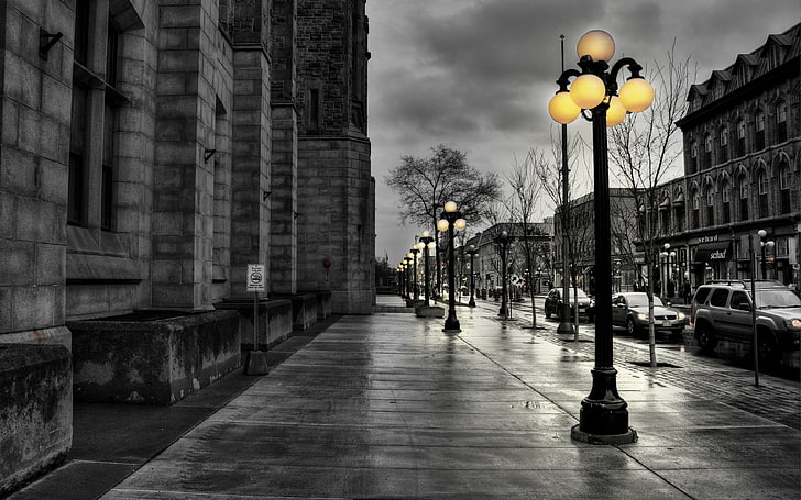street lights selective color photo, city, evening, black white