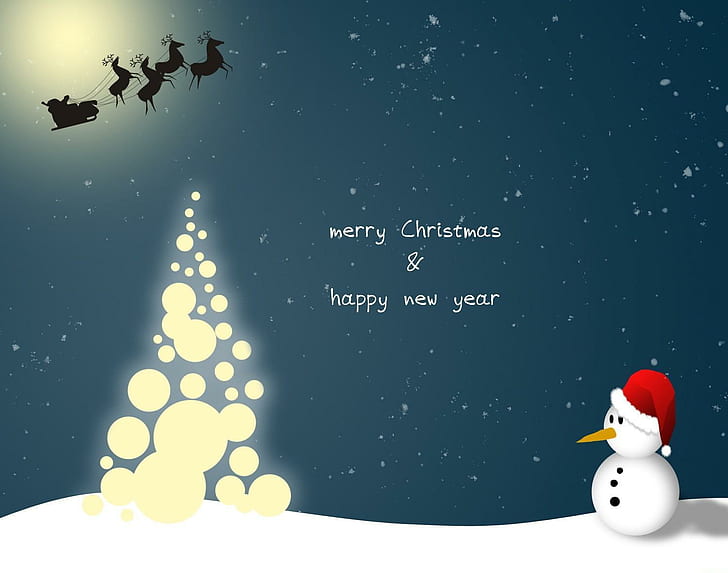 snowman, santa claus, reindeer, flying, year tree, night, christmas, snow, merry christmas and happy new year signage, HD wallpaper