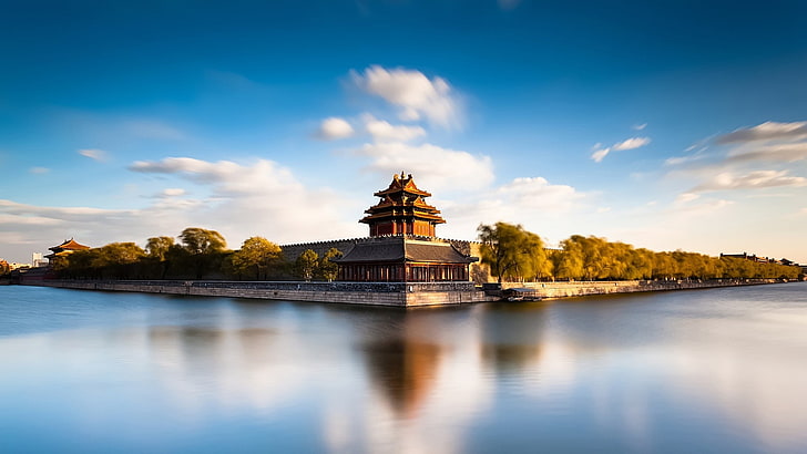oriental temple and body of water, Beijing, river, landscape, HD wallpaper