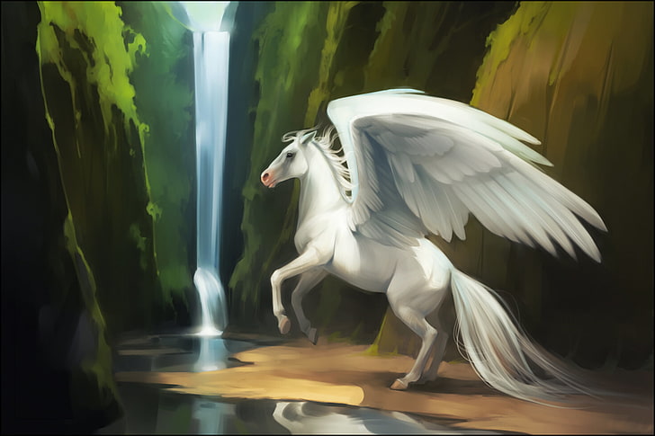 Pegasus illustration, water, river, fiction, horse, waterfall, HD wallpaper