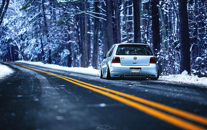 gray Volkswagen hatchback, winter, road, forest, markup, R32