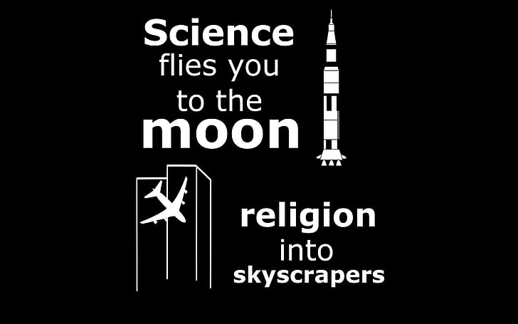 science flies you to the moon religion into skyscrapers, quote, HD wallpaper