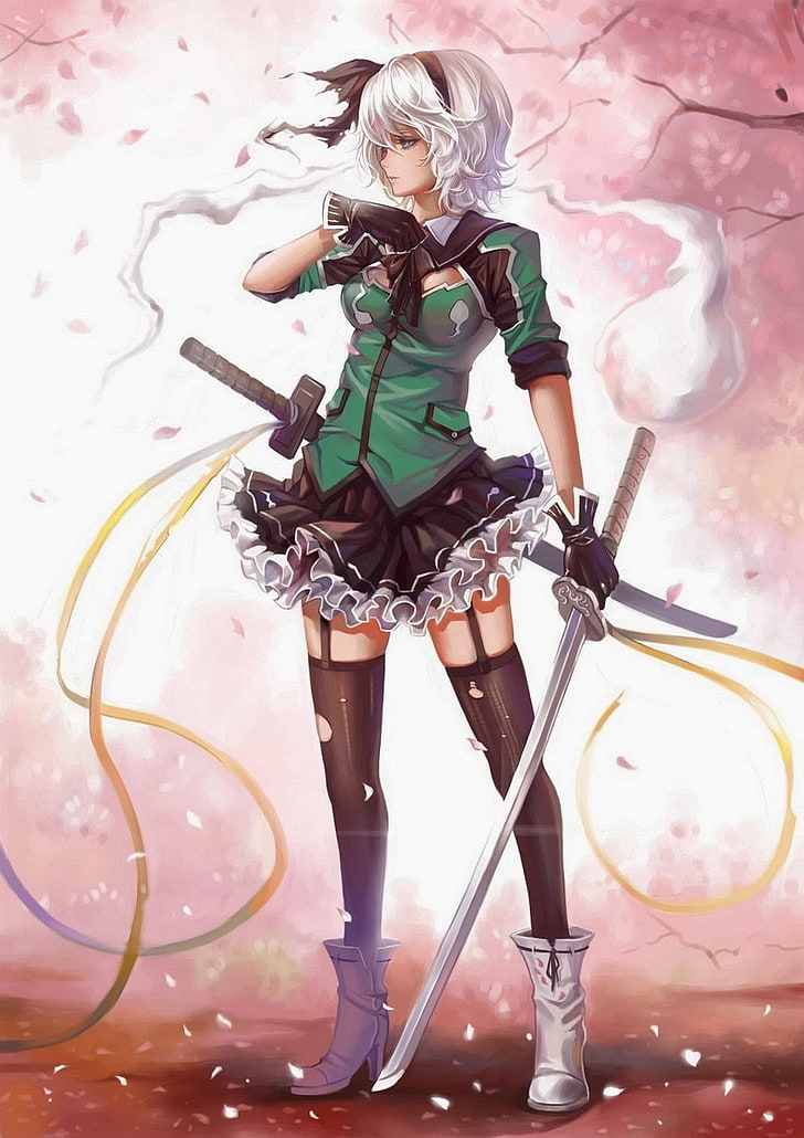 standing gray haired holding sword wallpaper, anime girls, Konpaku Youmu