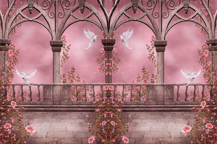 terrace surrounded with pink flowers digital wallpaper, roses